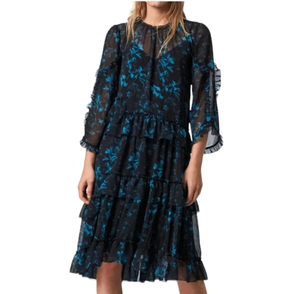AllSaints Macey Cultivar Chiffon Floral Midi Dress Black and Blue Size XS NWT
